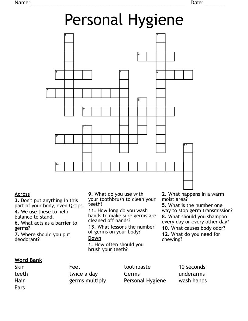 Personal Hygiene Crossword