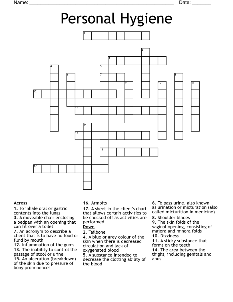 Personal Hygiene Crossword