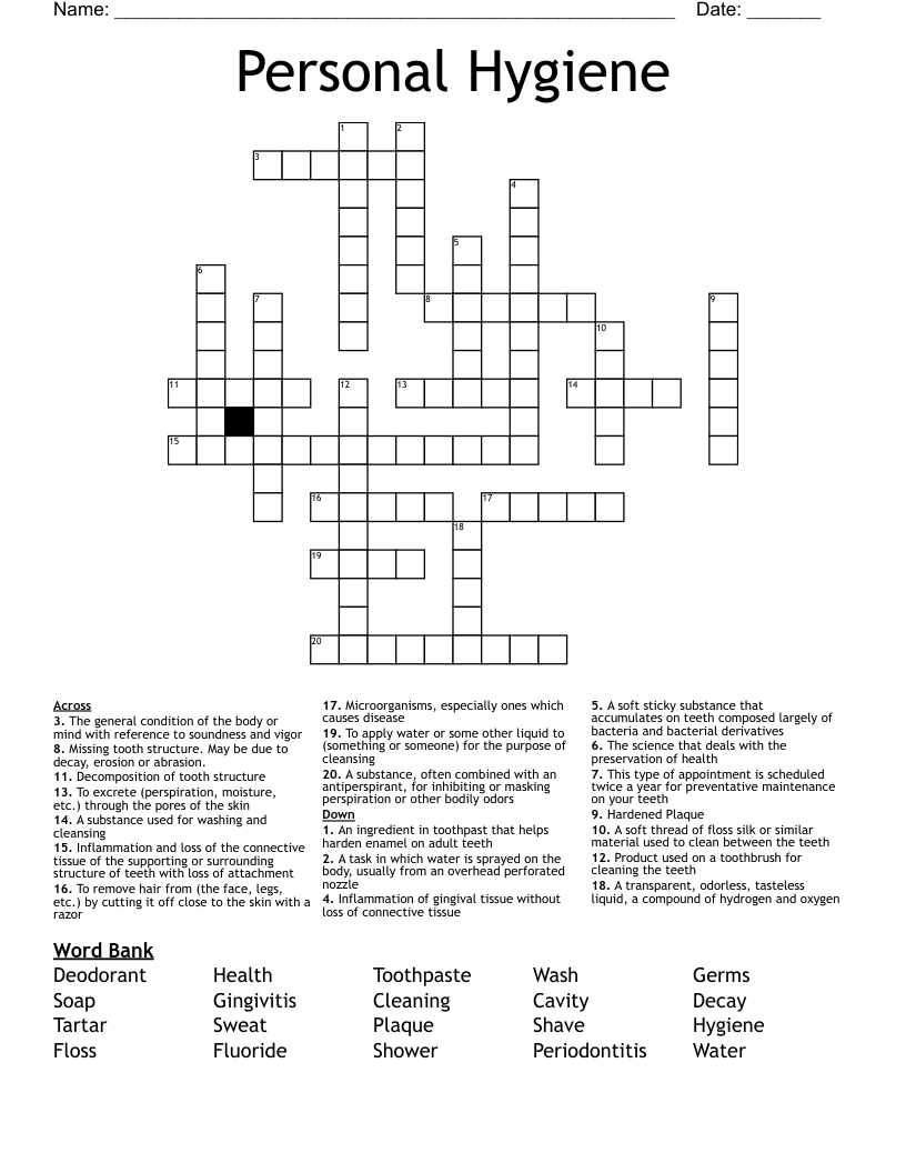 Personal Hygiene Crossword