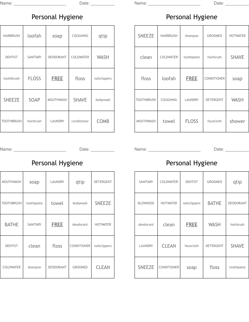 Personal Hygiene Bingo Cards