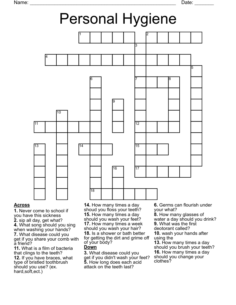 Personal Hygiene Crossword