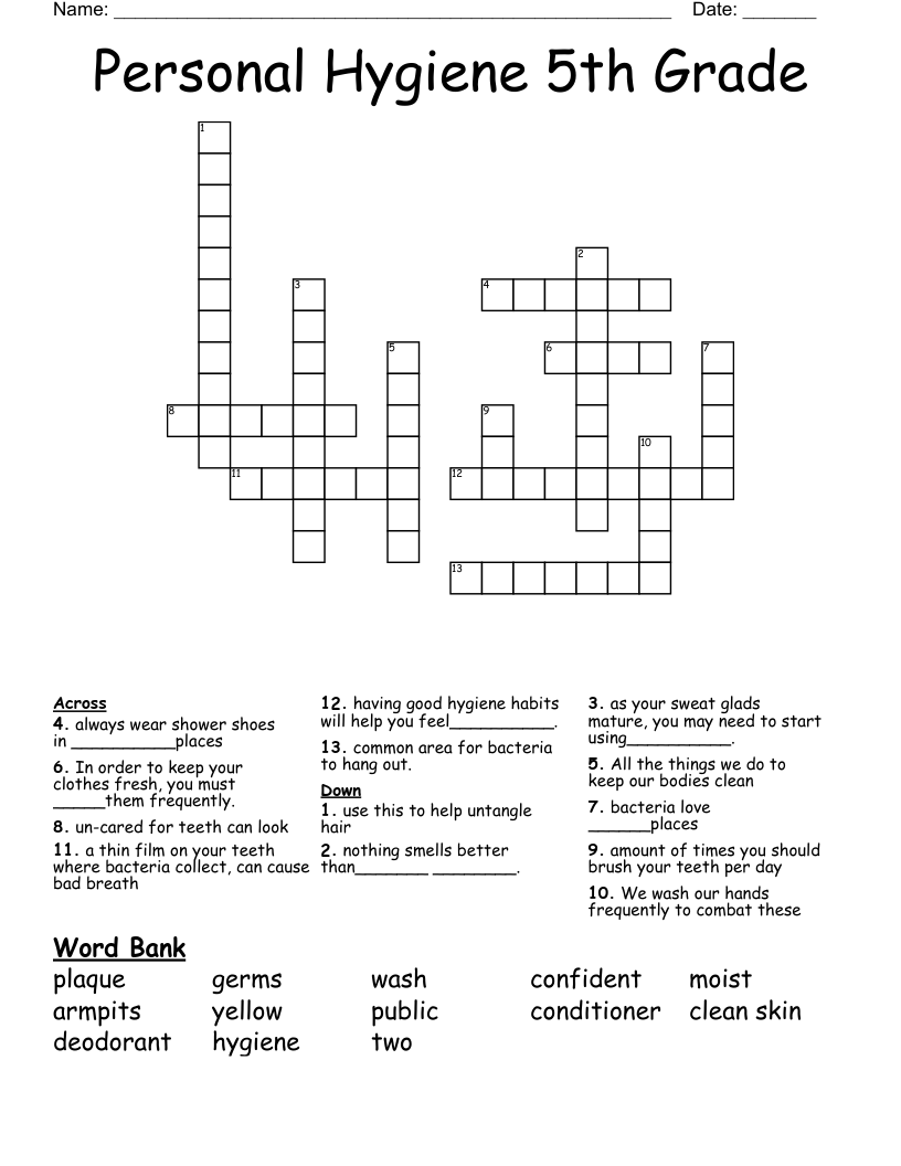 Personal Hygiene 5th Grade Crossword
