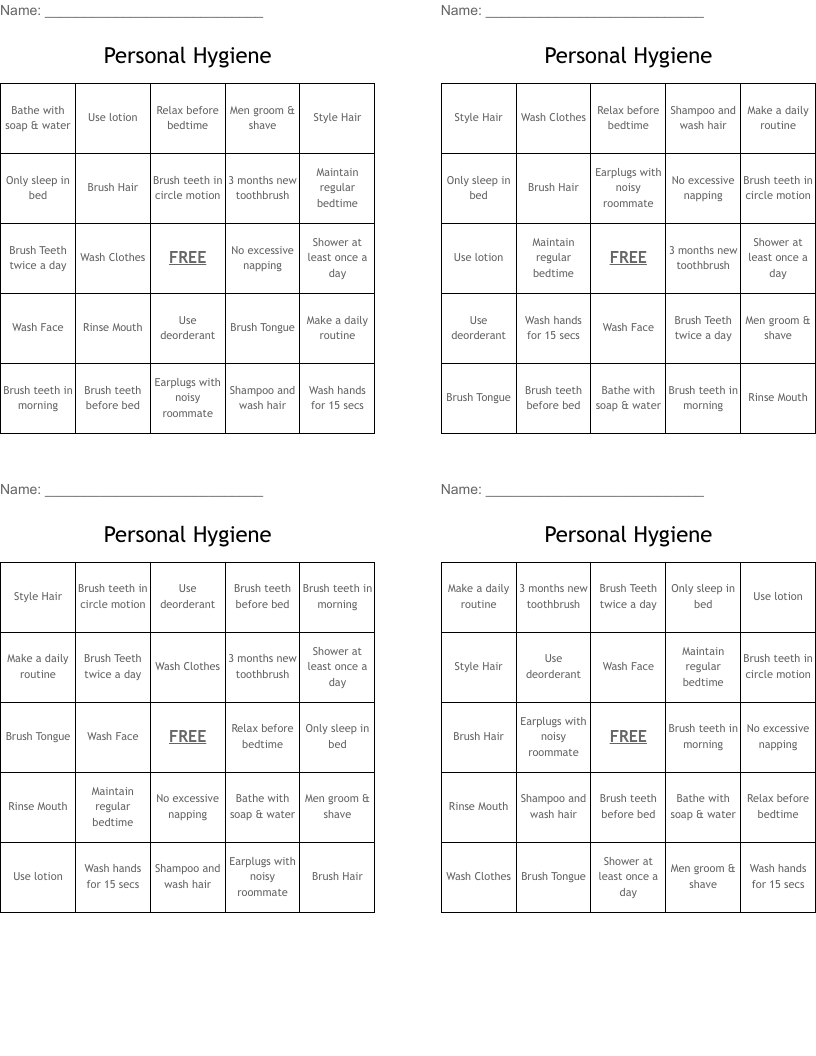 Personal Hygiene Bingo Cards