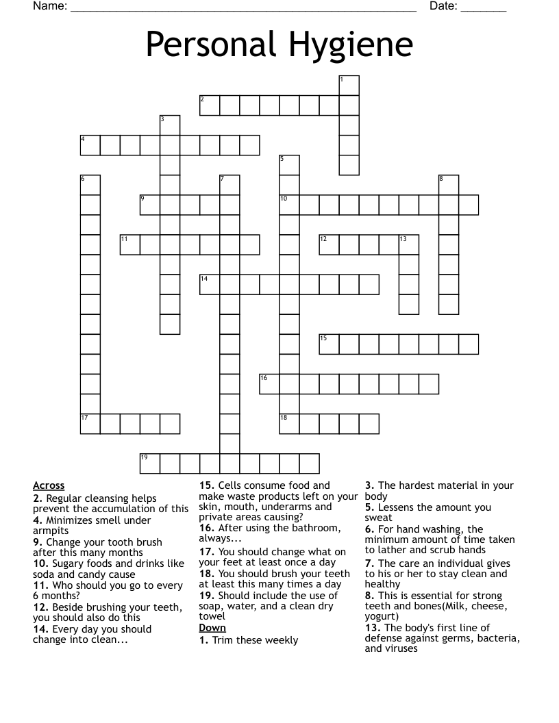 Personal Hygiene Crossword