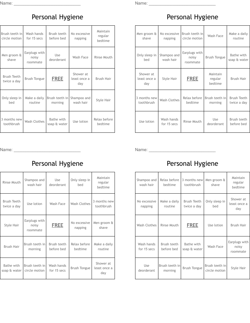 Personal Hygiene  Bingo Cards