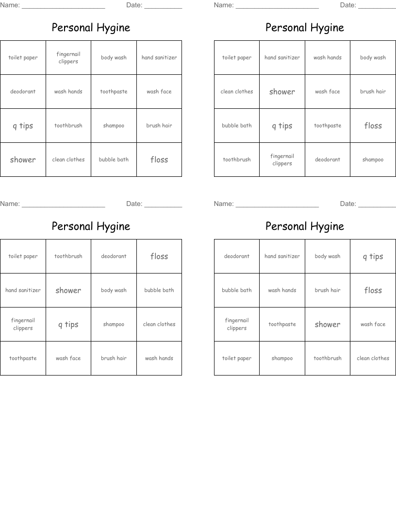 Personal Hygine  Bingo Cards