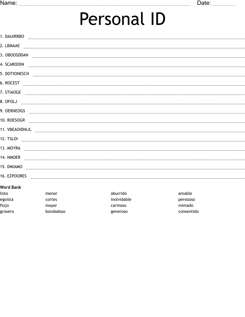 Personal ID Word Scramble