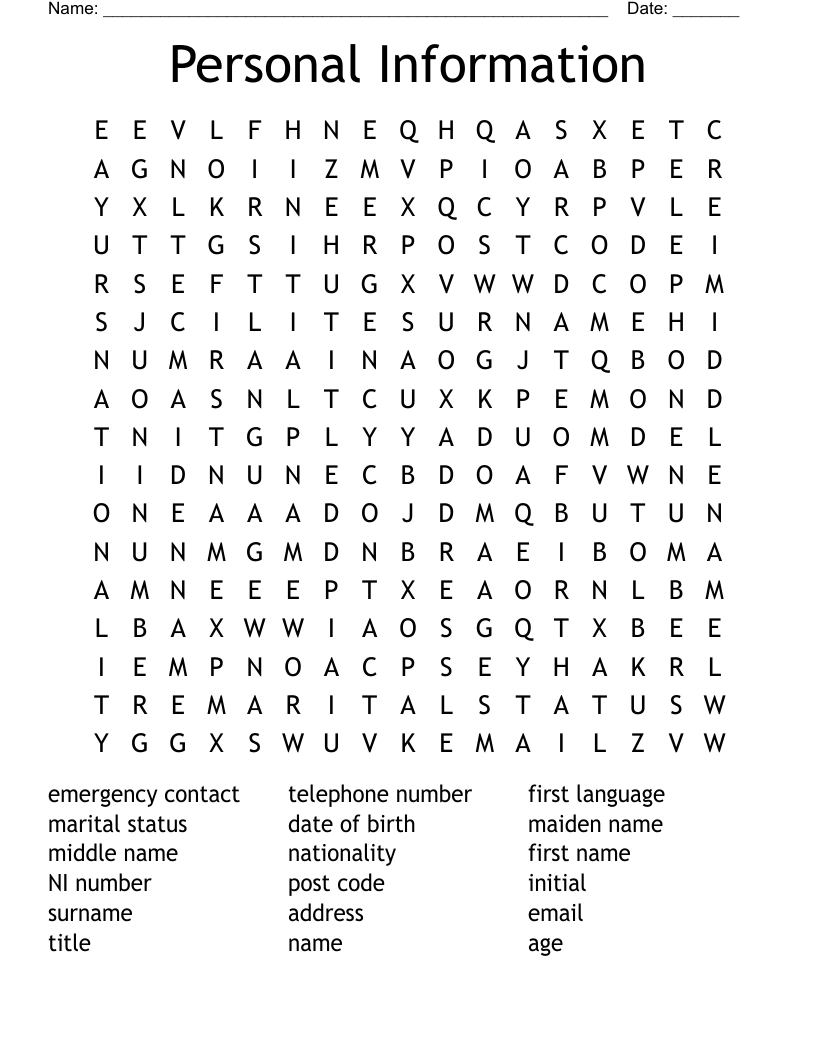 Personal Information Word Search