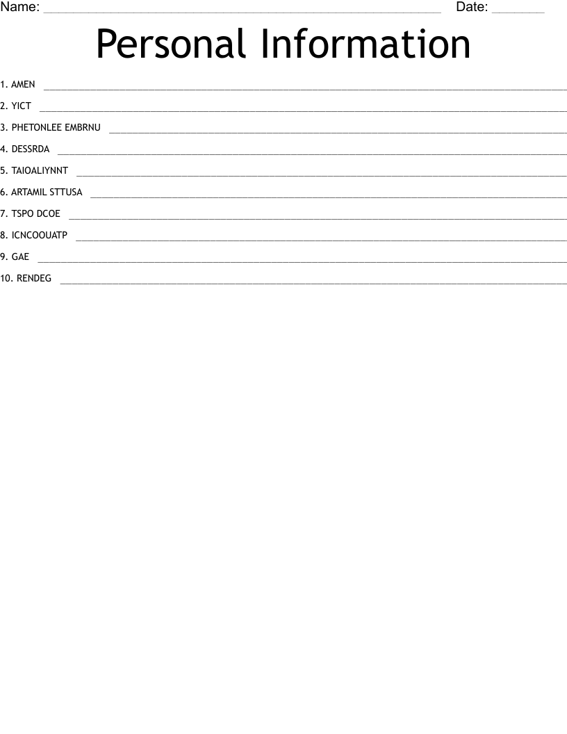 Personal Information Word Scramble