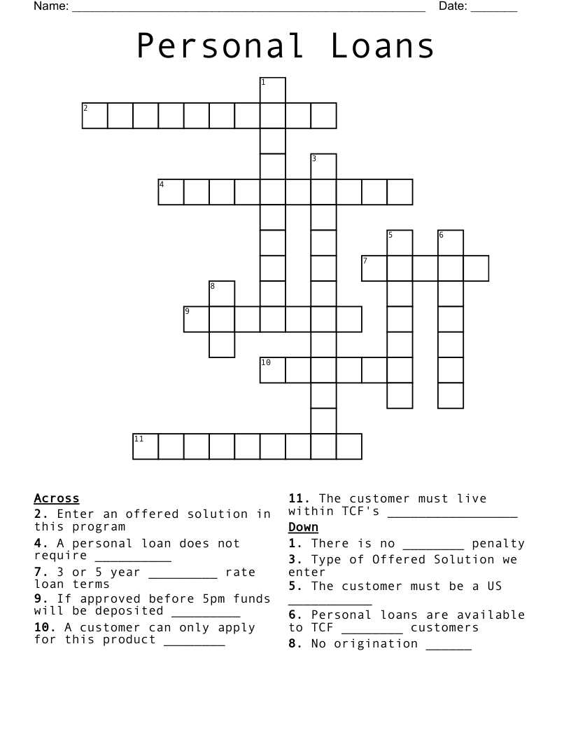 Personal Loans Crossword