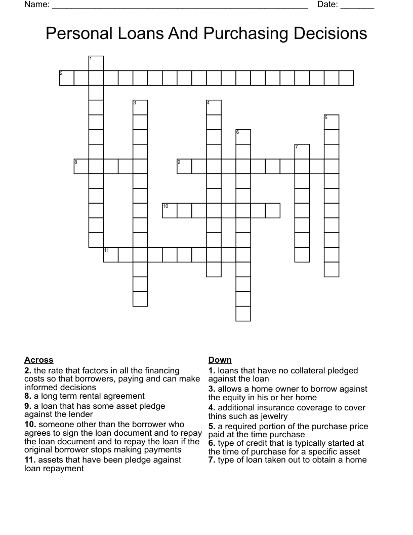 Personal Loans And Purchasing Decisions  Crossword