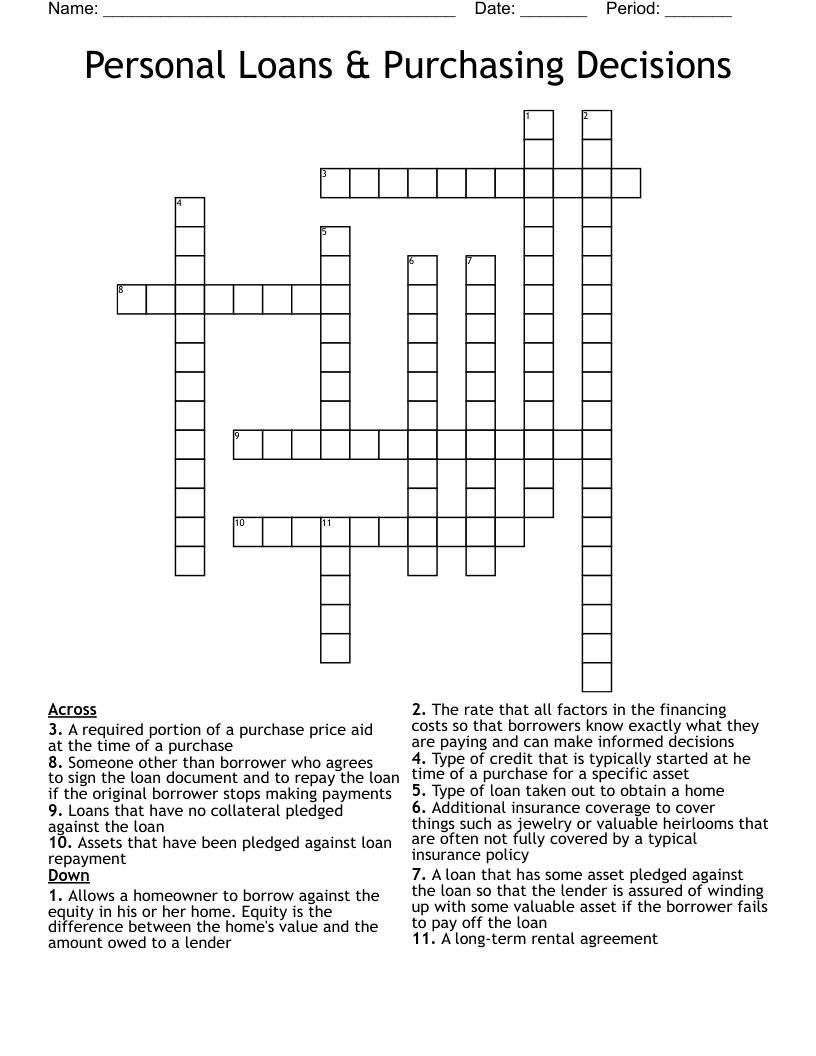 Personal Loans & Purchasing Decisions Crossword
