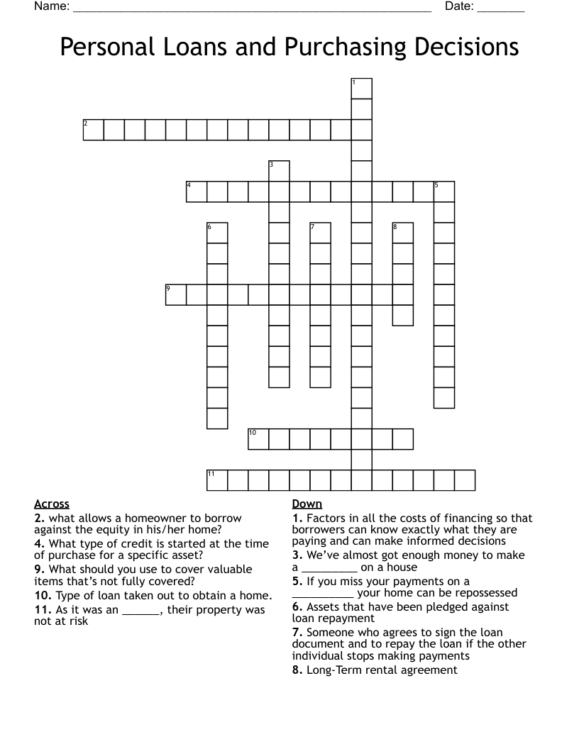 Personal Loans and Purchasing Decisions Crossword