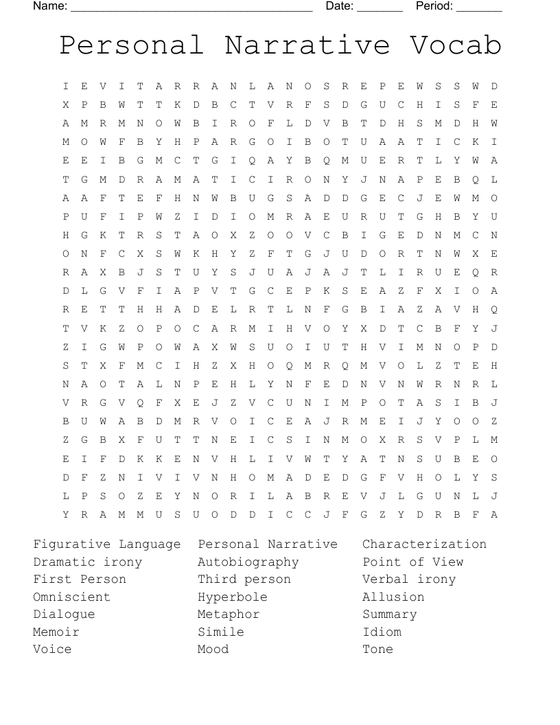 Personal Narrative Vocab Word Search