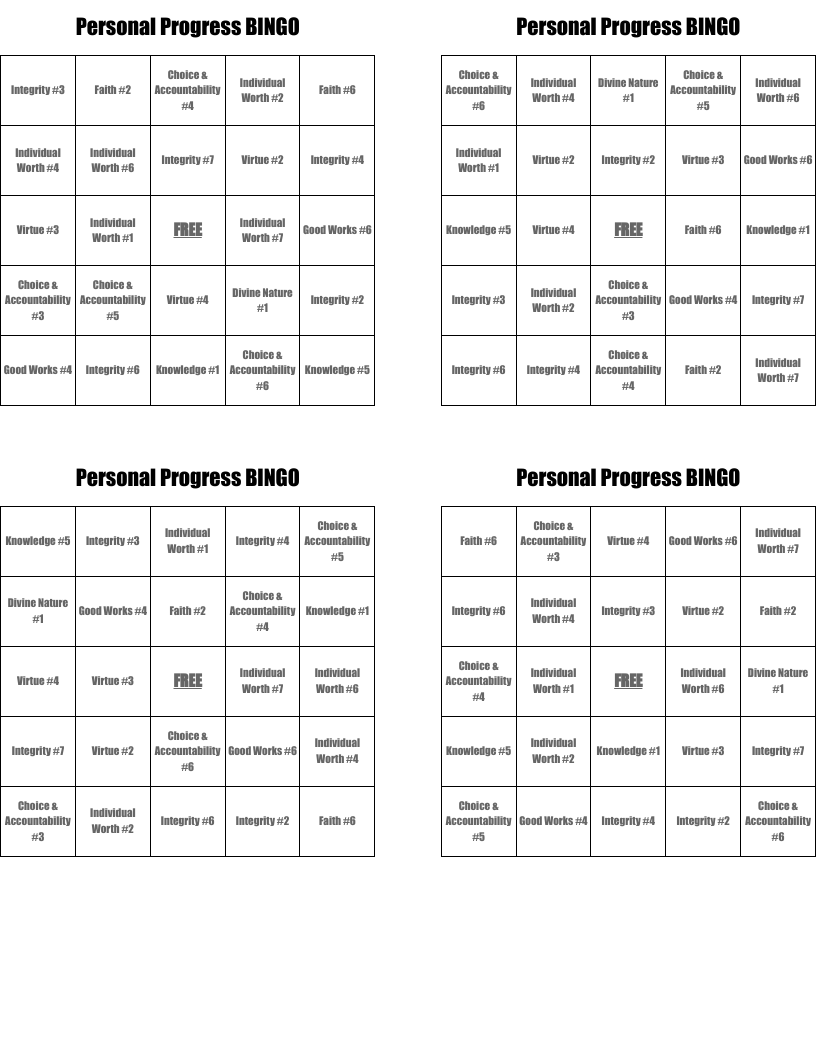 Personal Progress BINGO