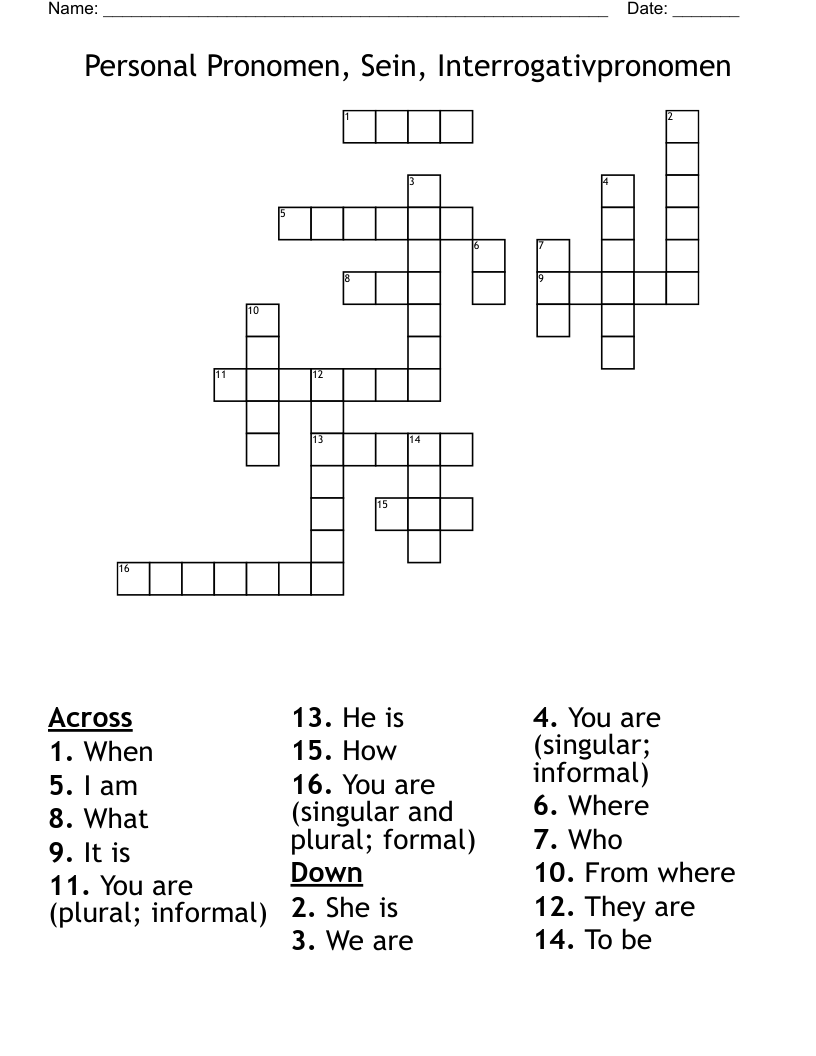 Personal Pronomen, Sein, Interrogativpronomen Crossword