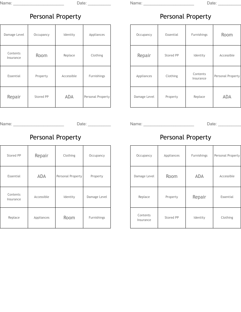 Personal Property Bingo Cards