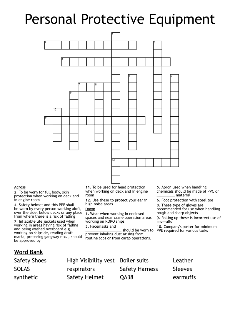 Personal Protective Equipment Crossword