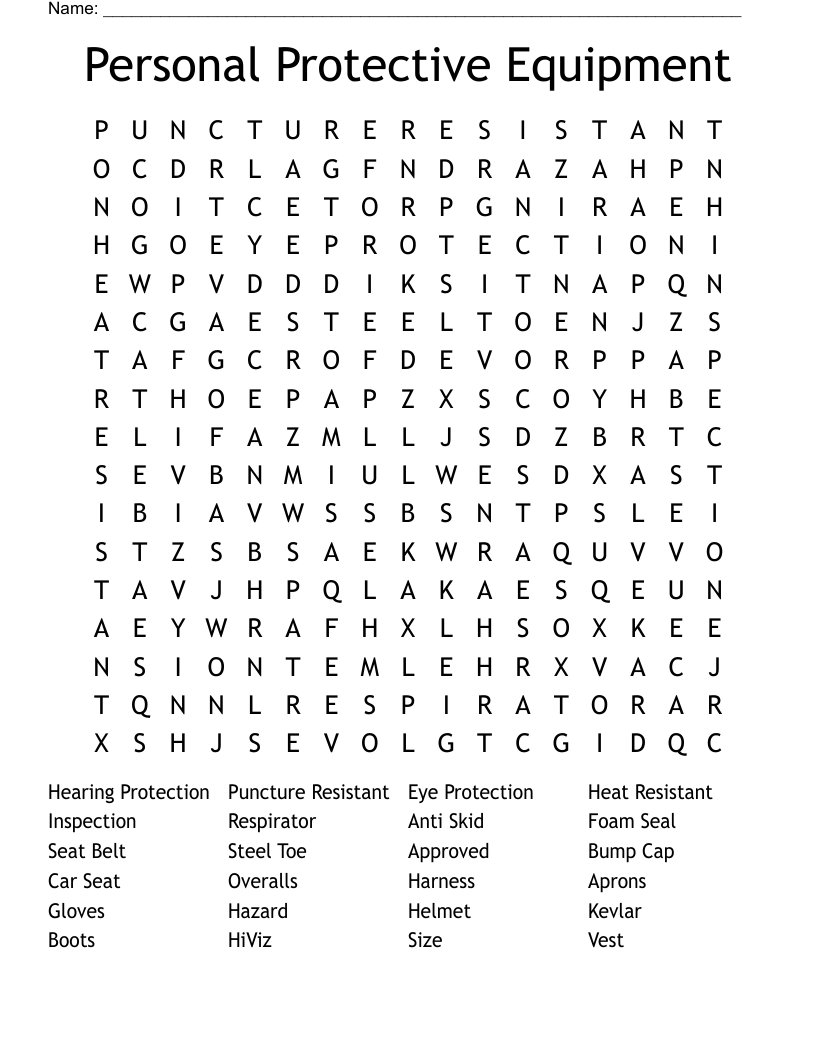 Personal Protective Equipment Word Search
