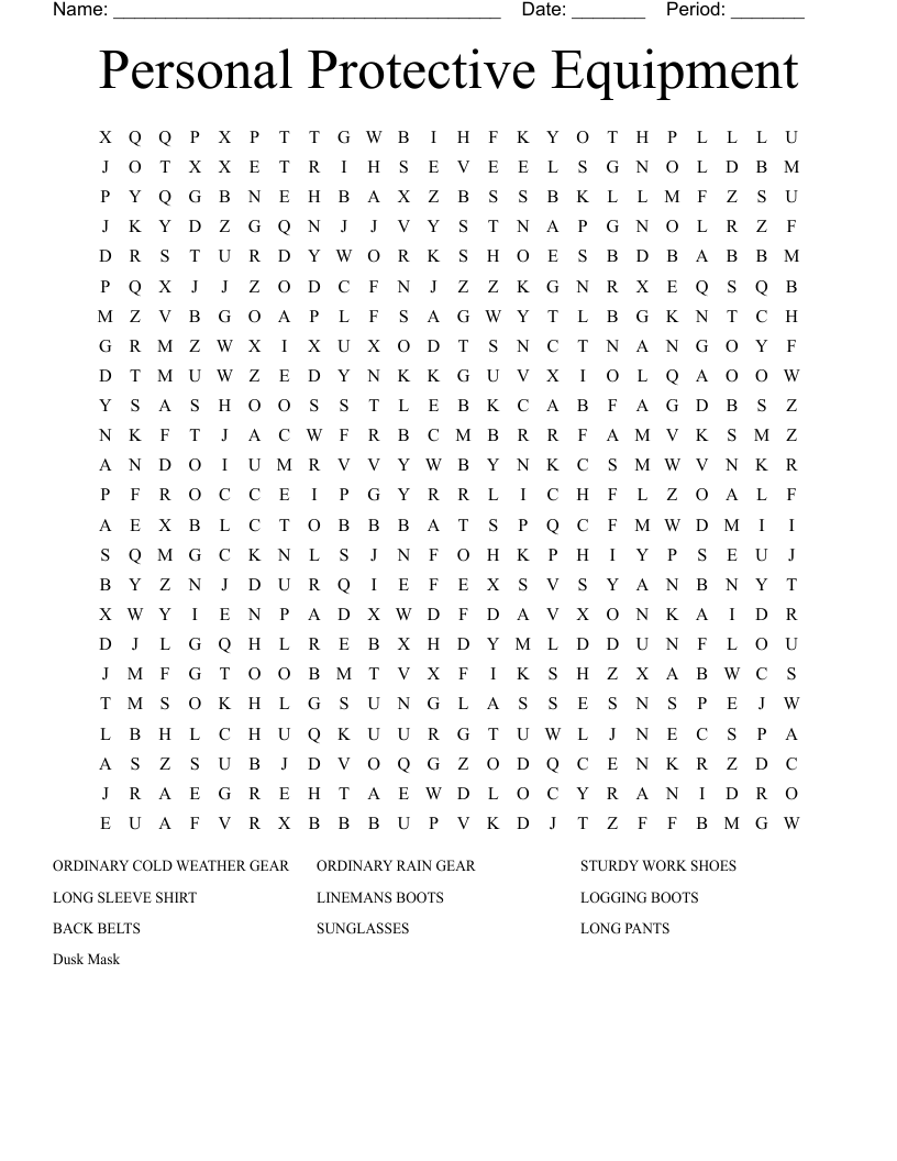 Personal Protective Equipment Word Search