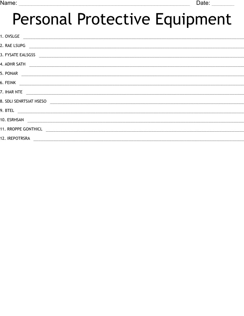 Personal Protective Equipment Word Scramble