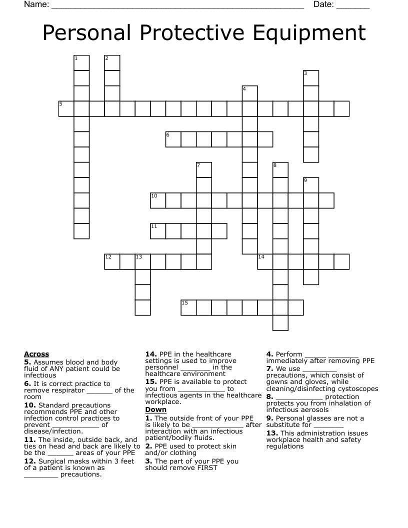Personal Protective Equipment Crossword