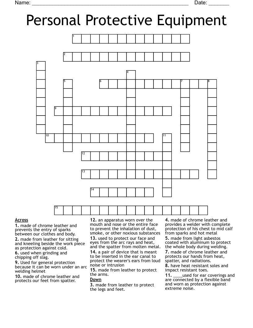 Personal Protective Equipment Crossword