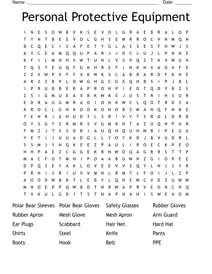 Personal Protective Equipment Word Search
