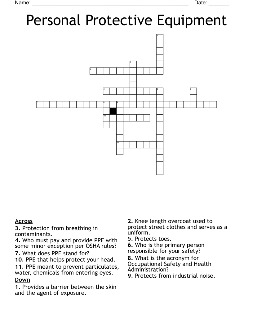 Personal Protective Equipment Crossword