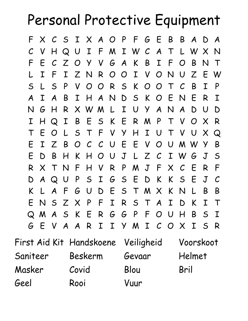 Personal Protective Equipment  Word Search