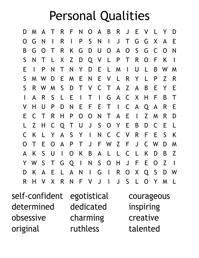 Personal Qualities Word Search