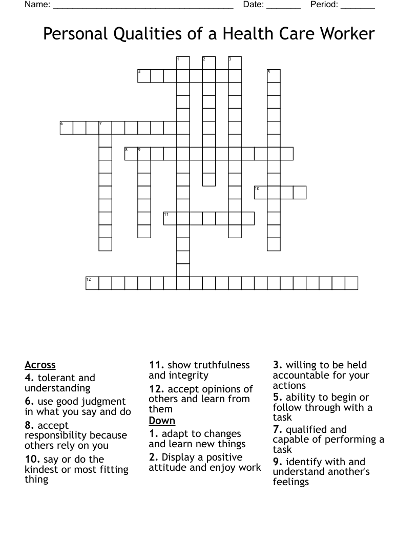 Personal Qualities of a Health Care Worker Crossword