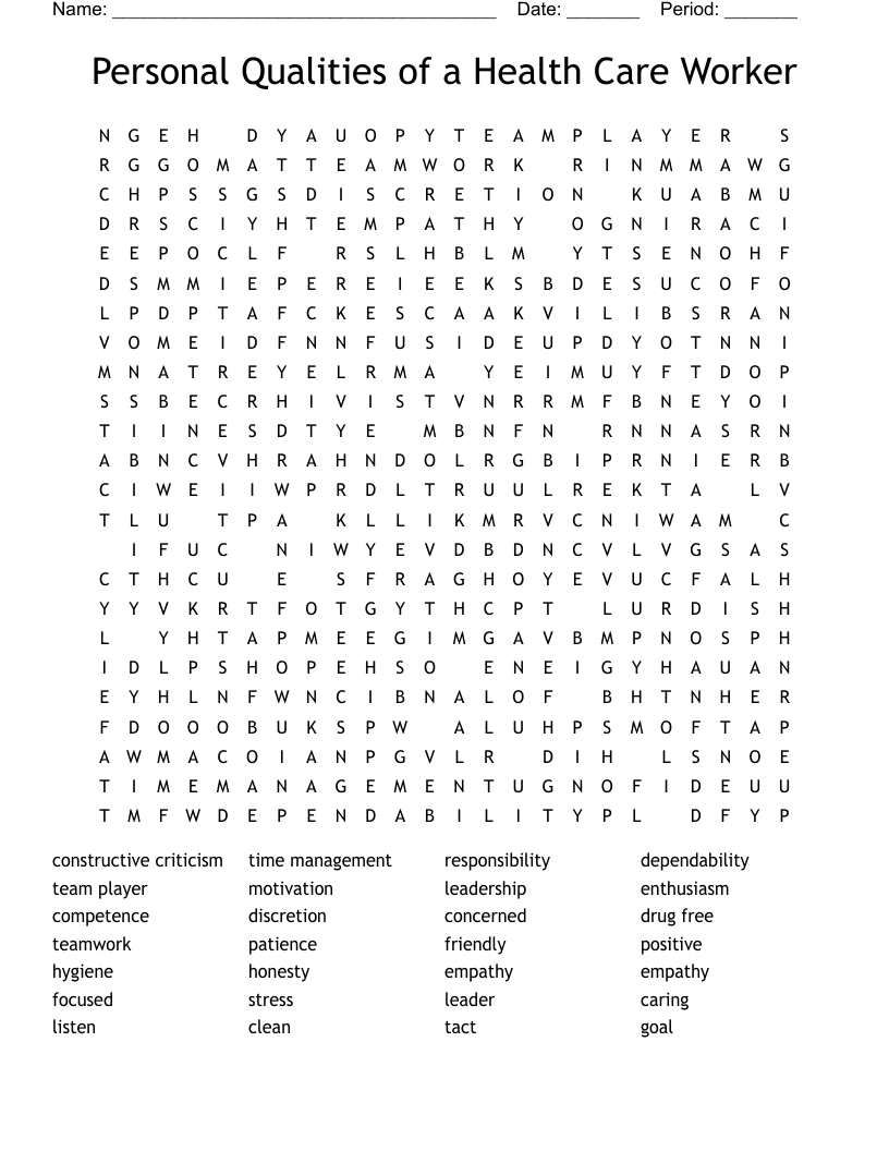 Personal Qualities of a Health Care Worker Word Search
