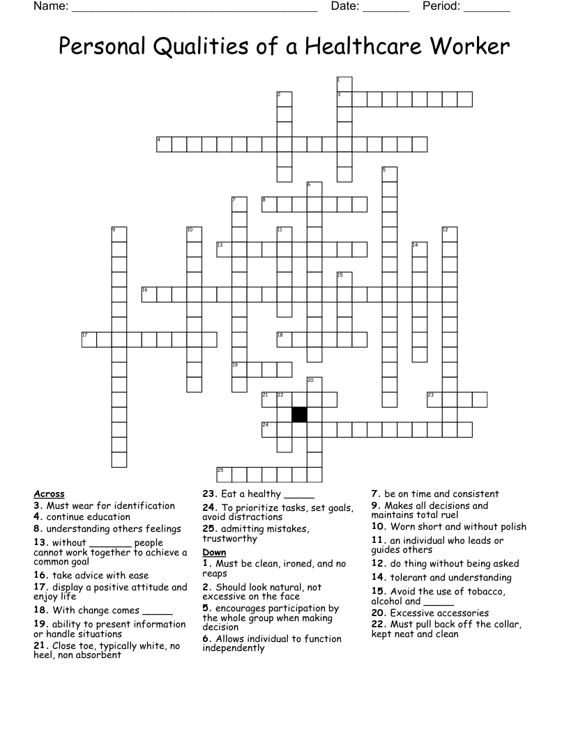 Personal Qualities of a Healthcare Worker Crossword