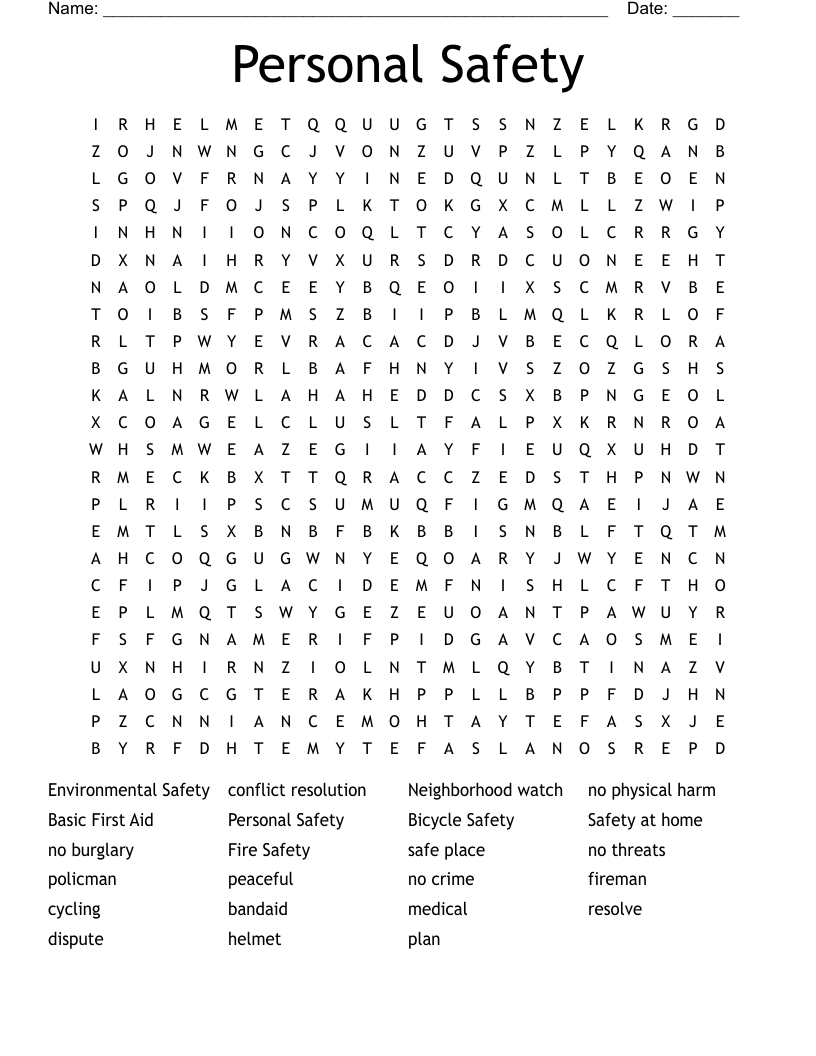 Personal Safety Word Search