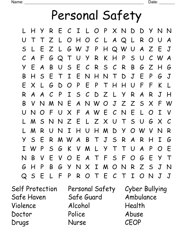 Personal Safety Word Search