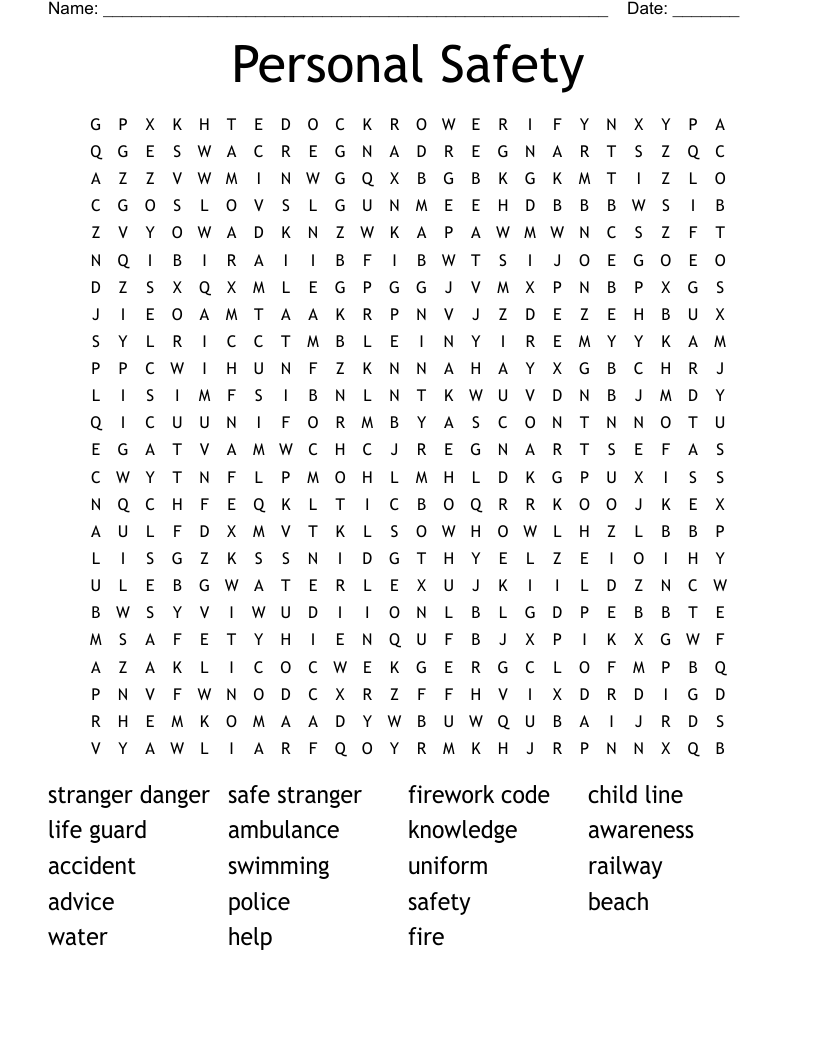Personal Safety Word Search
