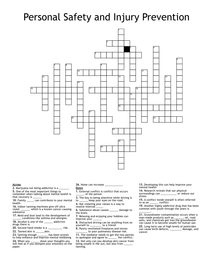 Personal Safety and Injury Prevention  Crossword