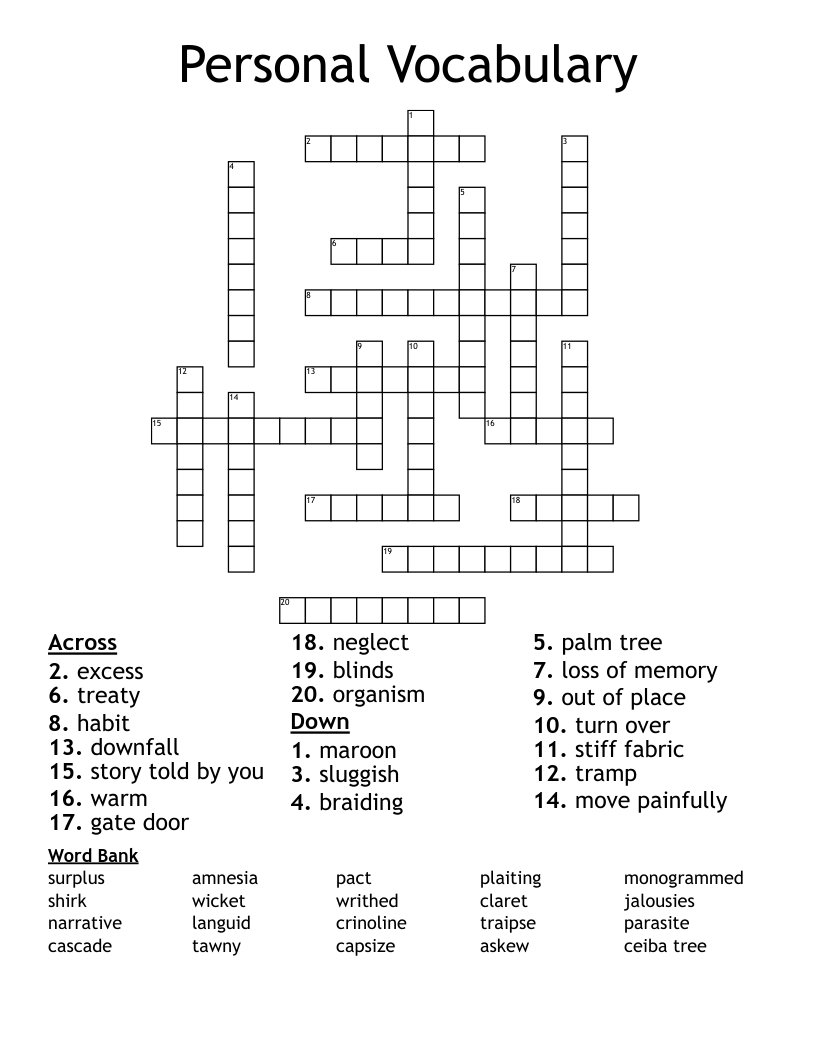 Personal Vocabulary Crossword