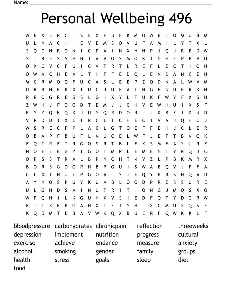 Personal Wellbeing 496 Word Search