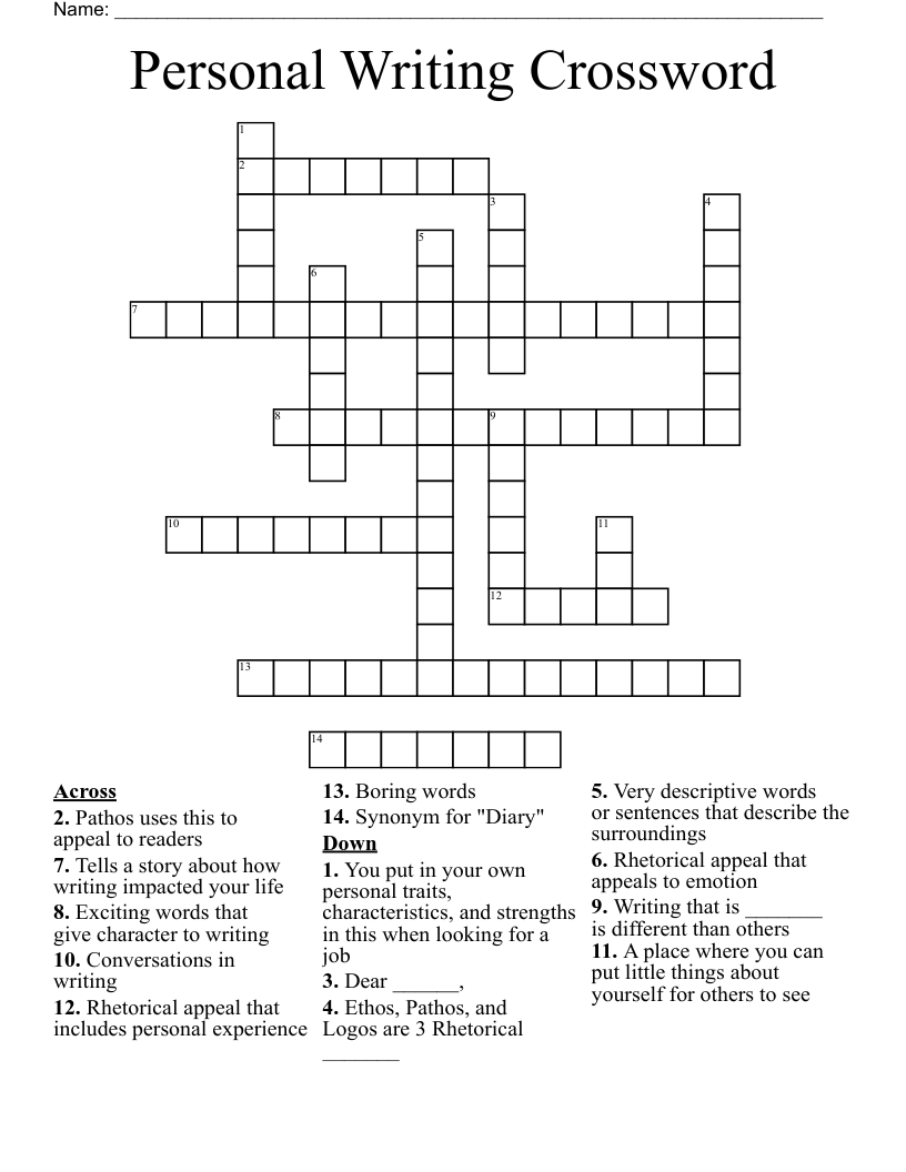 Personal Writing Crossword
