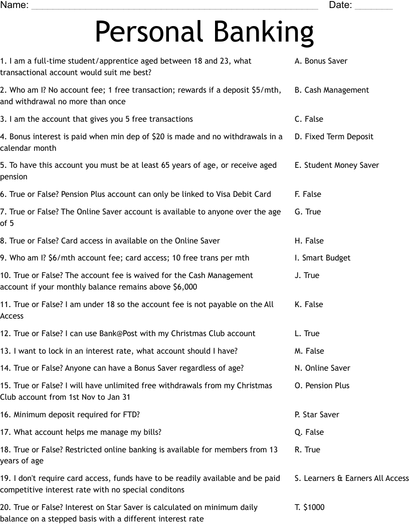 Personal  Banking Worksheet