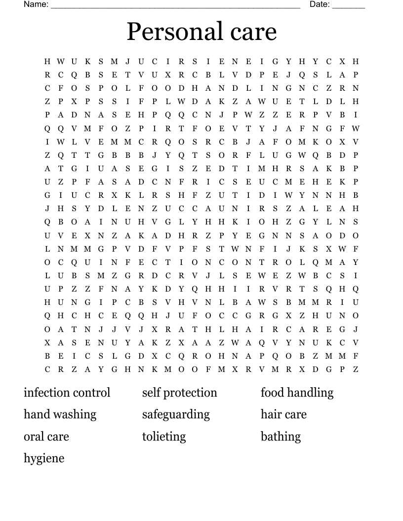 Personal care Word Search