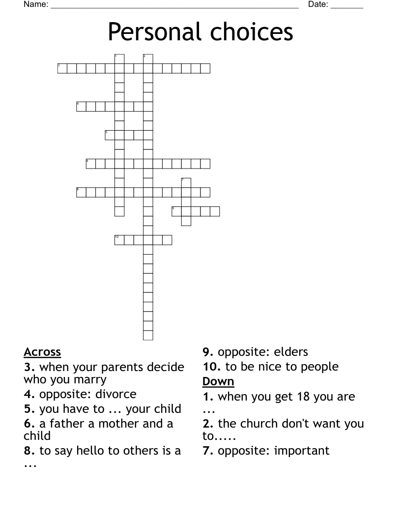 Personal choices Crossword