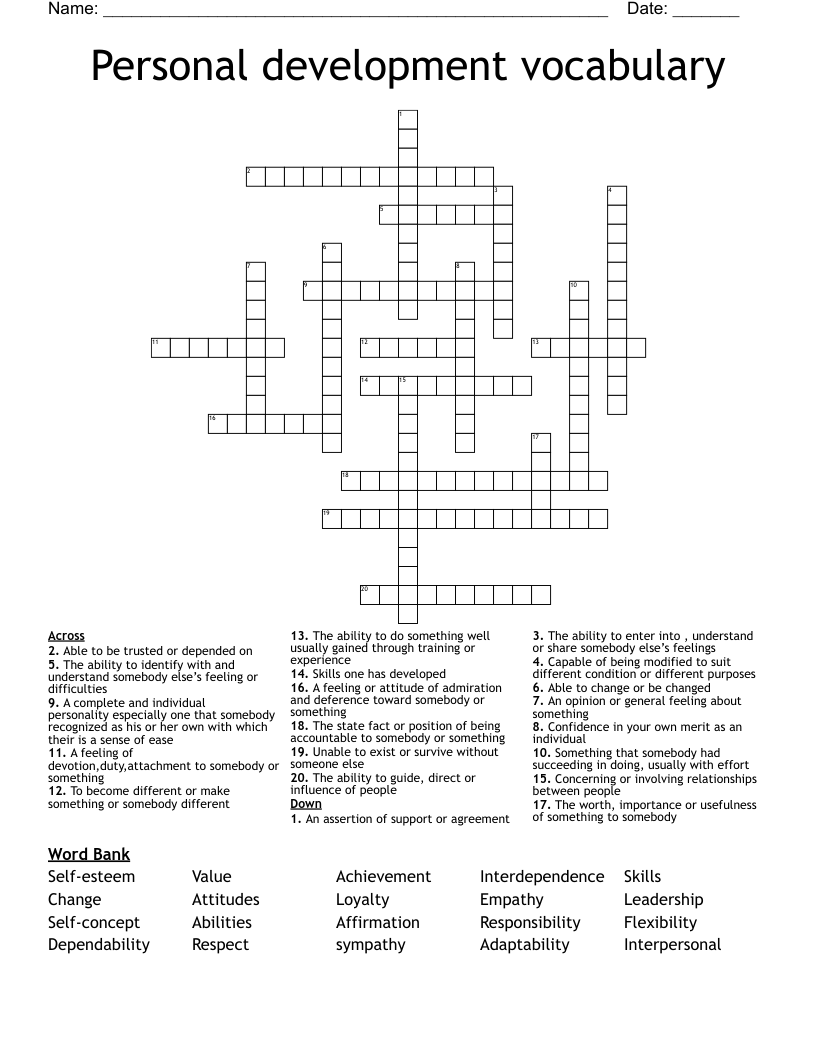 Personal development vocabulary  Crossword