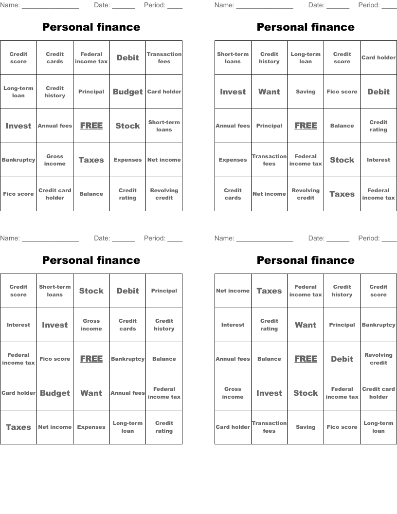 Personal finance Bingo Cards
