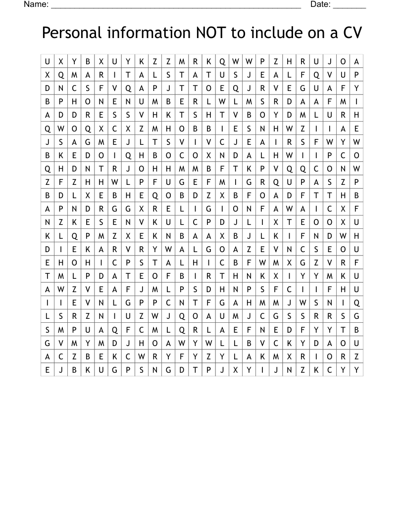 Personal information NOT to include on a CV Word Search