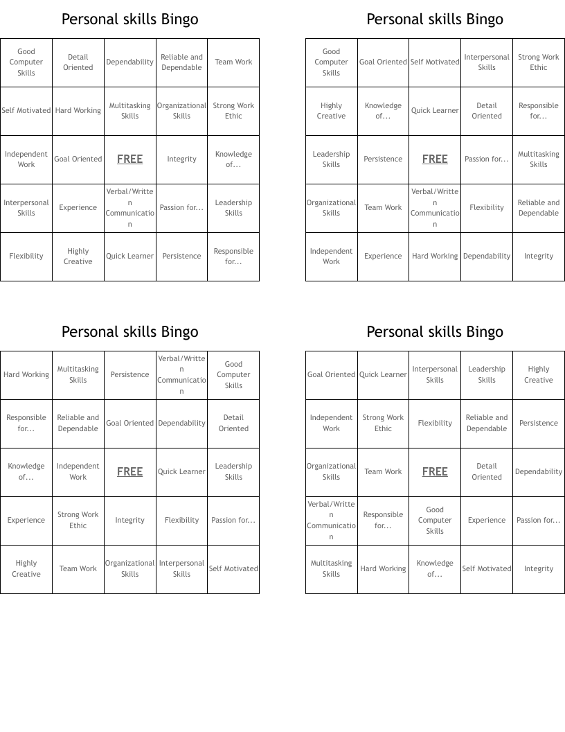 Personal skills Bingo