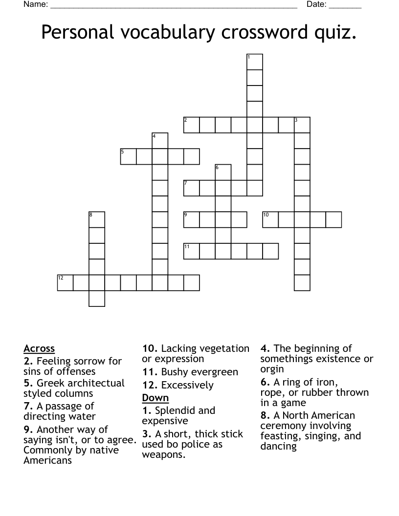 Personal vocabulary crossword quiz.
