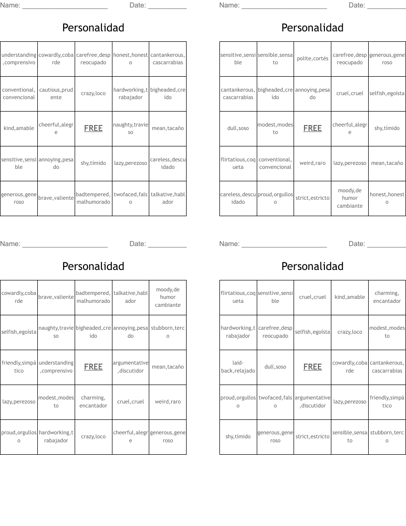 Personalidad Bingo Cards